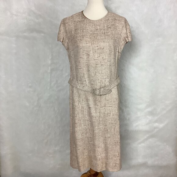 Vintage 60s Beige Tweed Belted Dress, Double Breasted Jacket, Belt & Scarf Set L - Picture 7 of 14